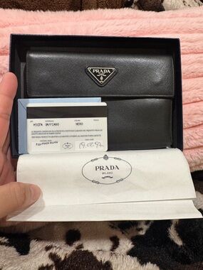 PRADA Vintage Black Saffiano Leather Flap Wallet with Triangular Logo